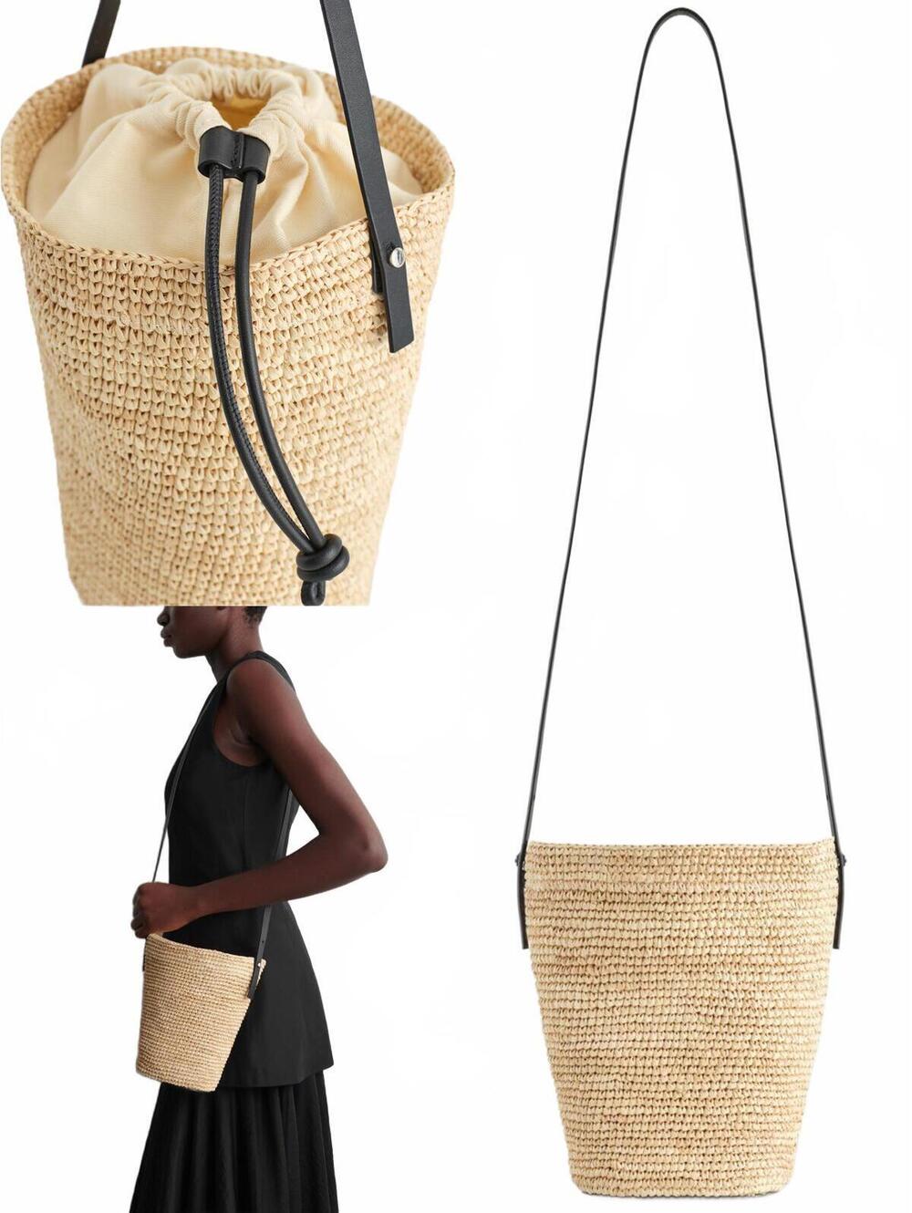 COS Mini Bucket Bag - Straw/Leather NEW Beige Black